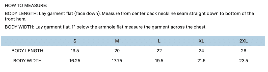 Cropped Racerback Size Chart